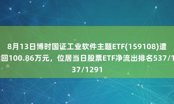 8月13日博时国证工业软件主题ETF(159108)遭净赎回100.86万元，位居当日股票ETF净流出排名537/1291