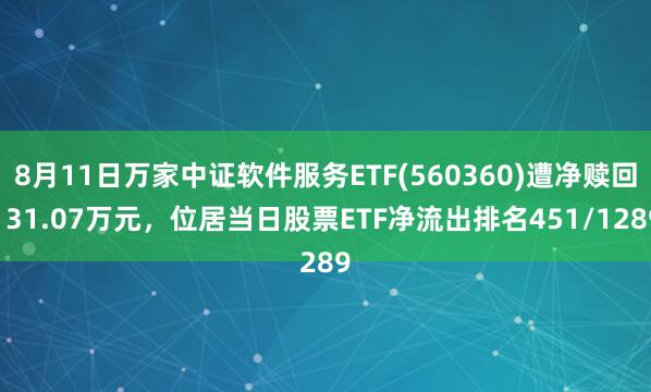 8月11日万家中证软件服务ETF(560360)遭净赎回131.07万元，位居当日股票ETF净流出排名451/1289